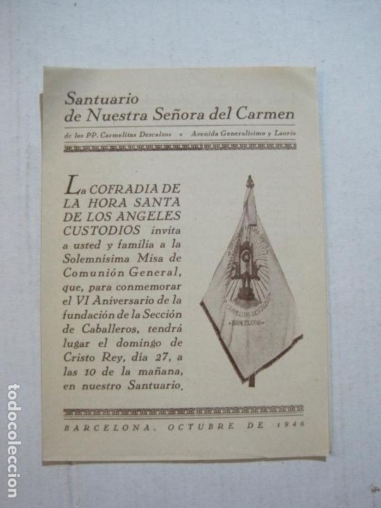 Cat&aacute;logos publicitarios: BARCELOA-SANTUARIO NUESTRA SE&Ntilde;ORA DEL CARMEN-INVITACION MISA COMUNION-A&Ntilde;O 1946-VER FOTOS-(75.231)