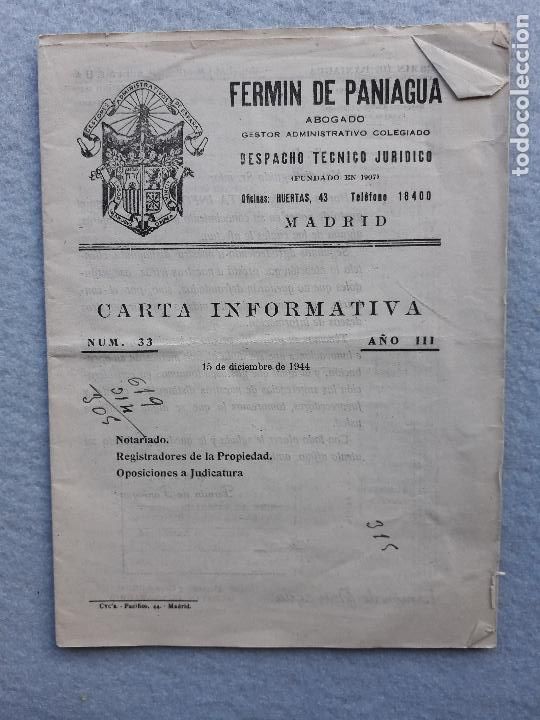 Advertising Catalogs: Folleto Publicitario Ferm&iacute;n Paniagua. Abogado. Madrid. 15 de Diciembre de 1944