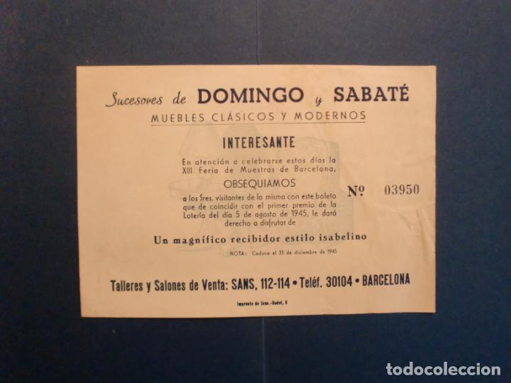 Cat&aacute;logos publicitarios: SUCESORES DE DOMINGO Y SABAT&Eacute; MUEBLES CLASICOS Y MODERNOS SORTEO RECIBIDOR 1945 BARCELONA
