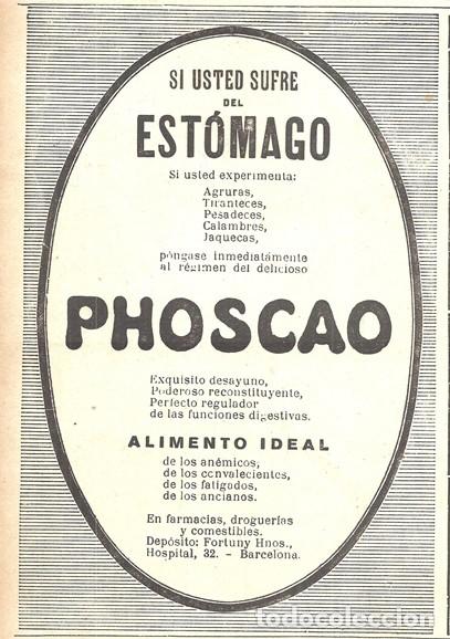 Werbekataloge: 1923 HOJA REVISTA PUBLICIDAD ANUNCIO DE PRENSA PHOSCAO ALIMENTO IDEAL DESAYUNOS RECONSTITUYENTES