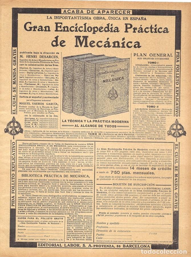 Cat&aacute;logos publicitarios: 1923 HOJA REVISTA PUBLICIDAD ANUNCIO DE PRENSA ENCICLOPEDIA PR&Aacute;CTICA DE MEC&Aacute;NICA EDITORIAL LABOR