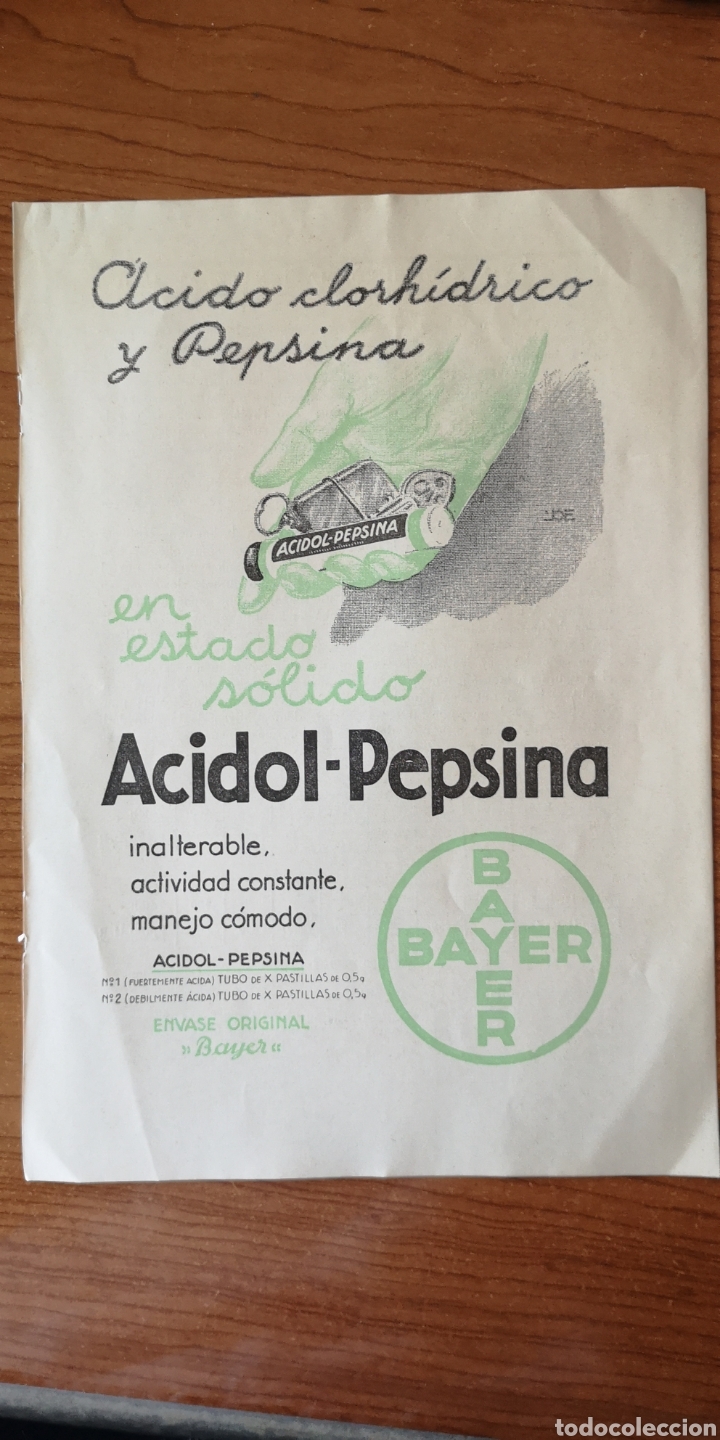 Cataloghi pubblicitari: HOJA PUBLICIDAD MEDICINA FARMACIA. ACIDOL-PEPSINA. 24 X 16.5 CM 1936