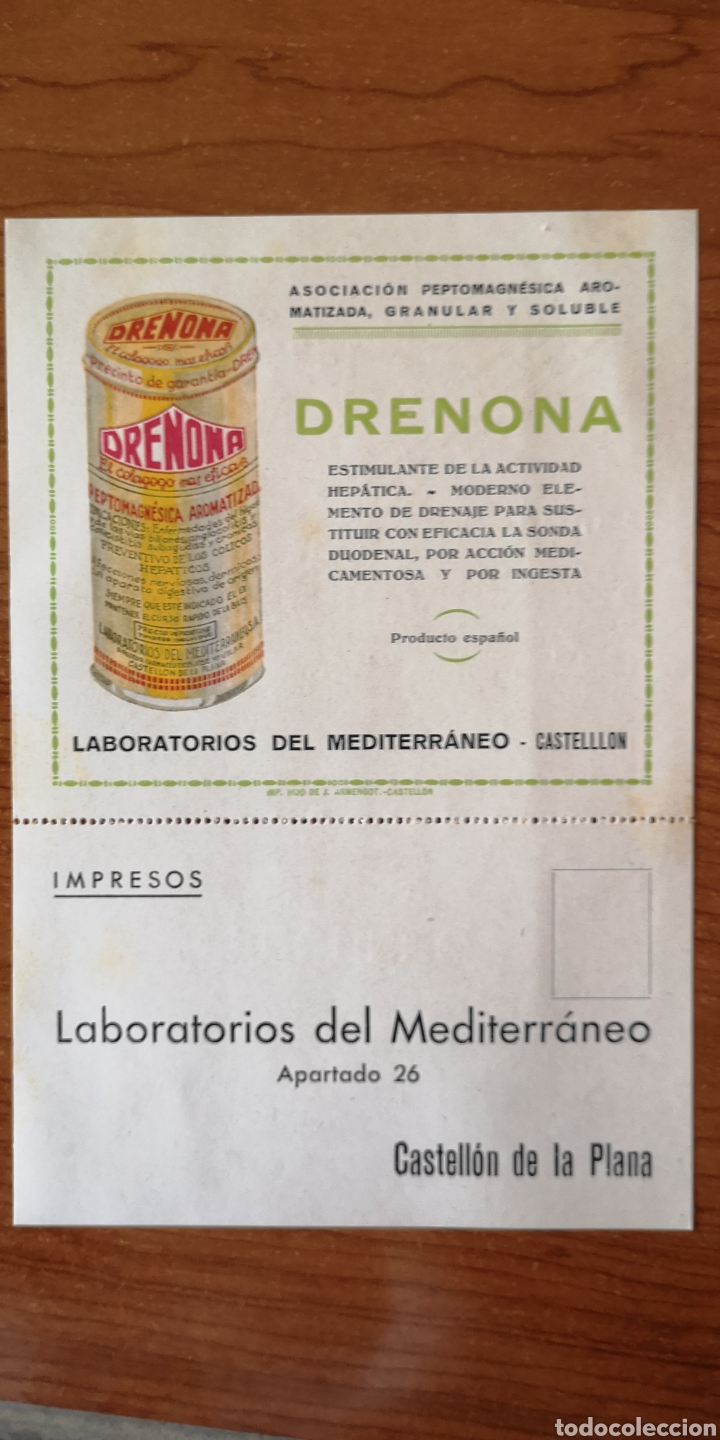 Cataloghi pubblicitari: PUBLICIDAD. FARMACIA. MEDICINA. DRENONA. LABORATORIOS DEL MEDITERR&Aacute;NEO. 18 X 12 CM 1934