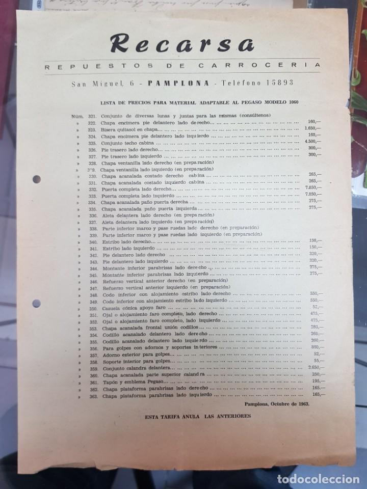 Werbekataloge: ANTIGUA HOJA TARIFA PRECIOS RECARSA REPUESTOS CARROCERIA COCHES PAMPLONA 1963 PEGASO 1060