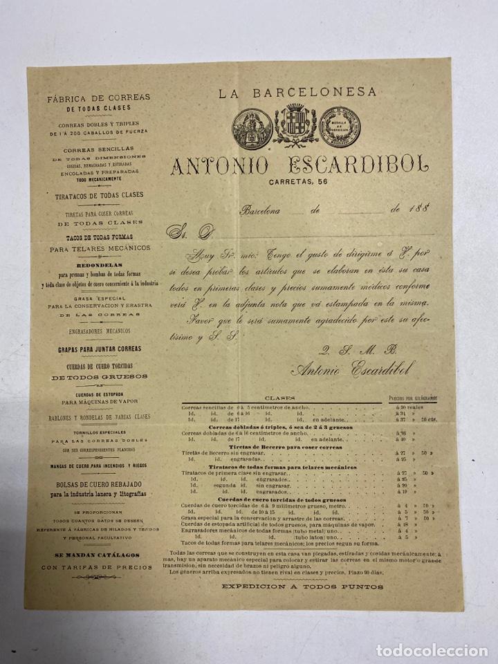 Cat&aacute;logos publicit&aacute;rios: LISTA DE PRECIOS. ANTONIO ESCARDIBOL. 1883. FABRICAS DE CORREAS LA BARCELONESA.