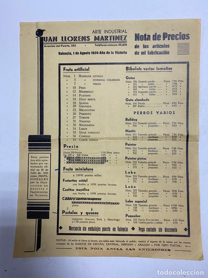 Cat&aacute;logos publicit&aacute;rios: LISTA DE PRECIOS. 1939.JUAN LLORENZ MARTINEZ. ARTE INDUSTRIAL.