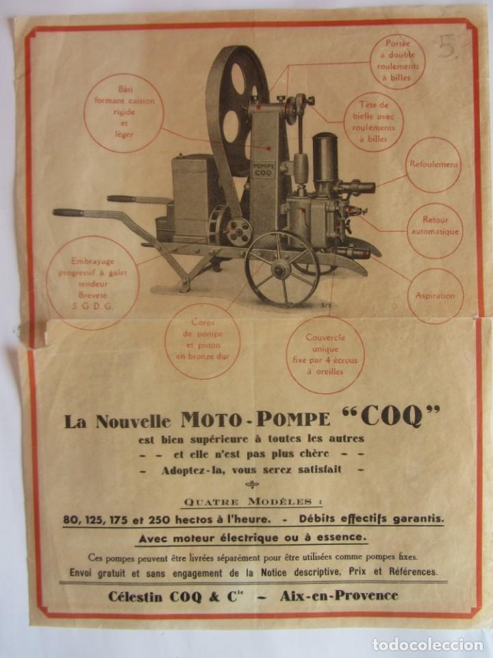 Cat&aacute;logos publicitarios: PUBLICIDAD MOTO-POMPE COQ. FRANCIA S.XIX-XX. MOTOBOMBA