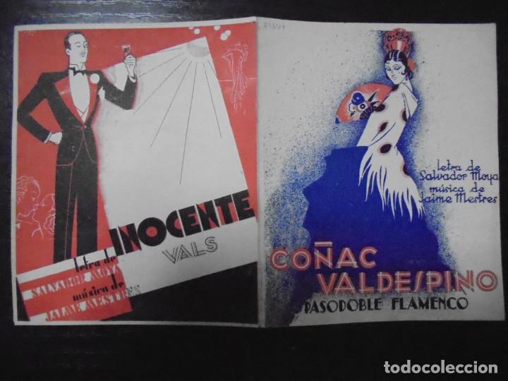 Cat&aacute;logos publicit&aacute;rios: CO&Ntilde;AC VALDESPINO. PASODOBLE FLAMENCO. INOCENTE VALS. LETRA DE SALVADOR MOYA. JAIME MESTRES.