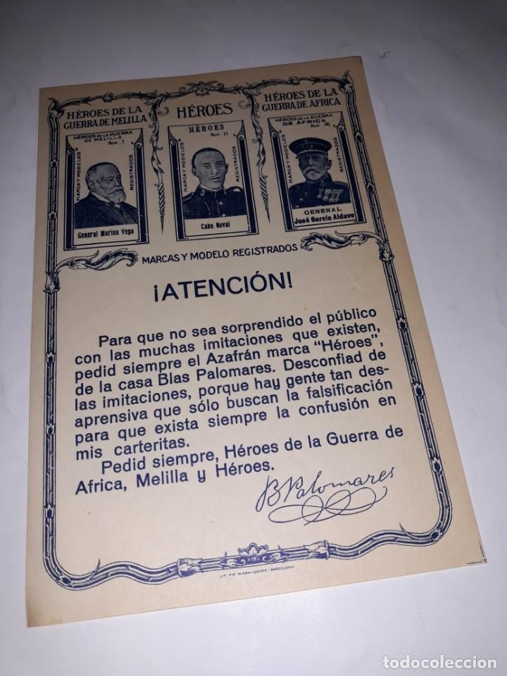 Cat&aacute;logos publicitarios: ANTIGUA HOJA PUBLICIDAD H&Eacute;ROES GUERRA MELILLA &Aacute;FRICA MARCA REGISTRADA AZAFR&Aacute;N BLAS PALOMARES NOVELDA
