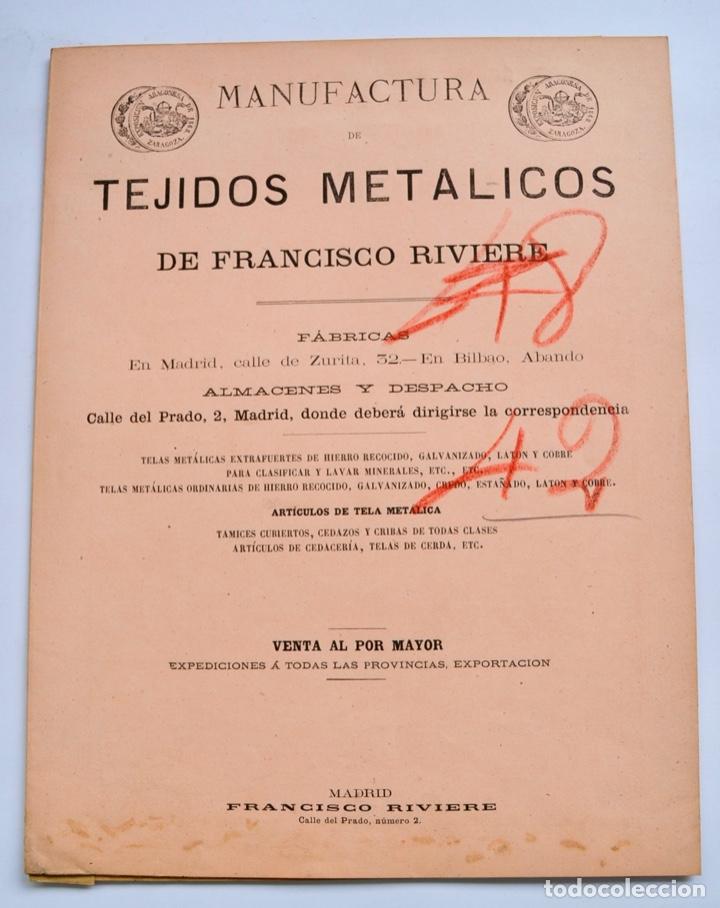 Cat&aacute;logos publicit&aacute;rios: Cat&aacute;logo Comercial. Manufactura de Tejidos Met&aacute;licos de Francisco Riviere. Calle del Prado, Madrid.