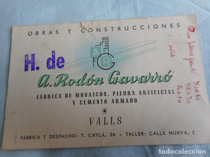 Cat&aacute;logos publicitarios: ANTIGUA TARJETA RODON GAVARRO.OBRAS Y CONSTRUCCIONES.MOSAICOS.PIEDRA ARTIFICIAL.VALLS TARRAGONA