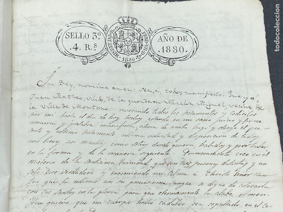 Werbekataloge: SELLO TERCERO 1830. TESTAMENTO DE JUAN MATHEO DE MONTORO DE MEZQUITA, TERUEL, MAESTRAZGO.