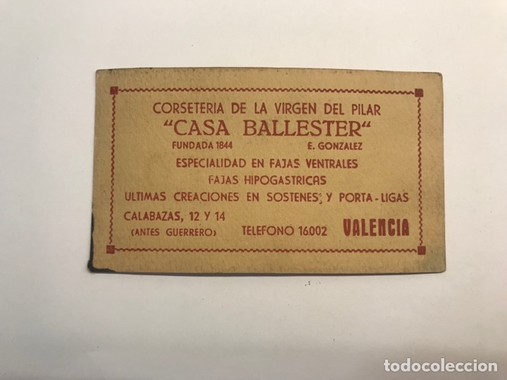 Cat&aacute;logos publicitarios: VALENCIA. Tarjeta Casa Ballester, Corseteria de la Virgen del Pilar.., Calle Calabazas (h.1945?)