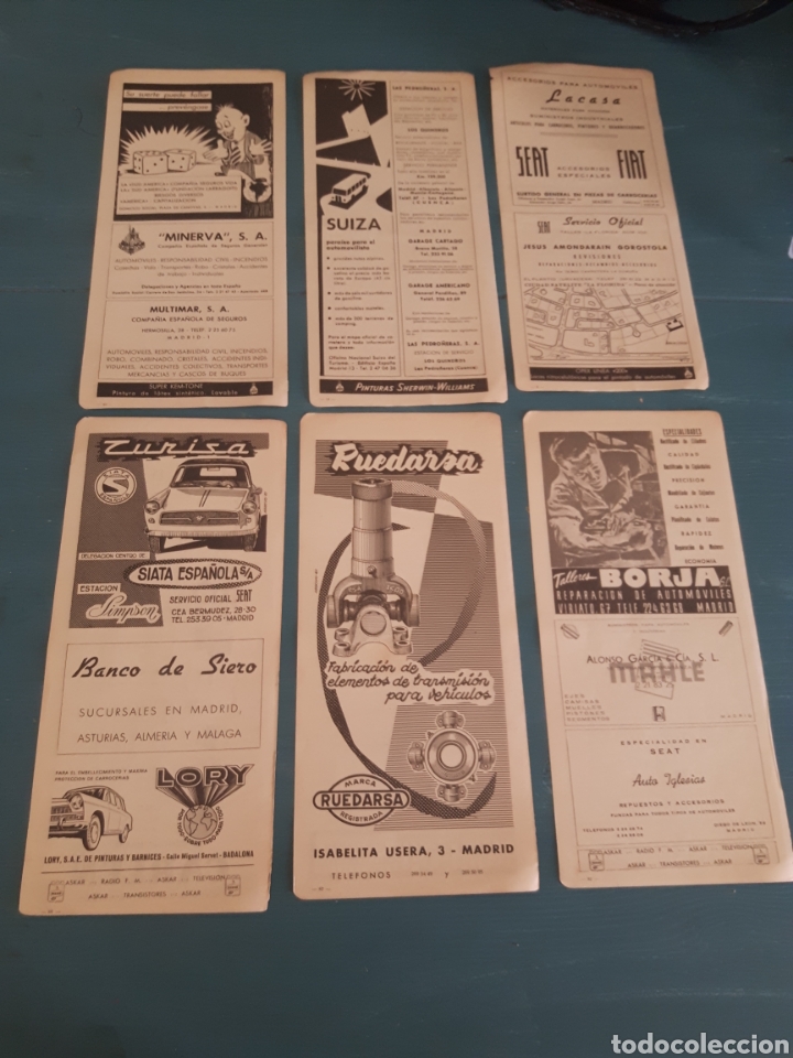 Cat&aacute;logos publicitarios: Laminas publicitarias, lote de 6. Turisa, Seat, Minerva, Ruedarsa,Borja publicidad autom&oacute;vil
