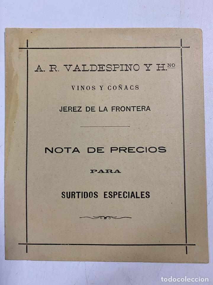 Cat&aacute;logos publicit&aacute;rios: NOTA DE PRECIOS BODEGAS VALDESPINO. VINOS Y CO&Ntilde;ACS. JEREZ DE LA FRONTERA. 1923. VER