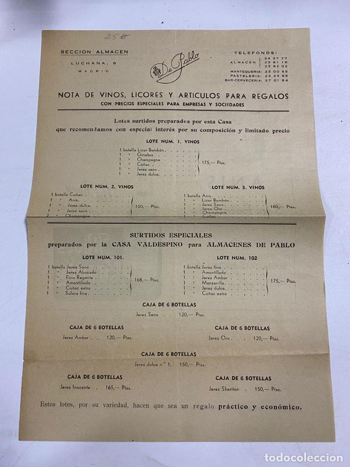 Cat&aacute;logos publicit&aacute;rios: LISTA DE PRECIOS DE PABLO. NOTA DE VINOS, LICORES Y ARTICULOS PARA REGALOS. MADRID, 1954. VER