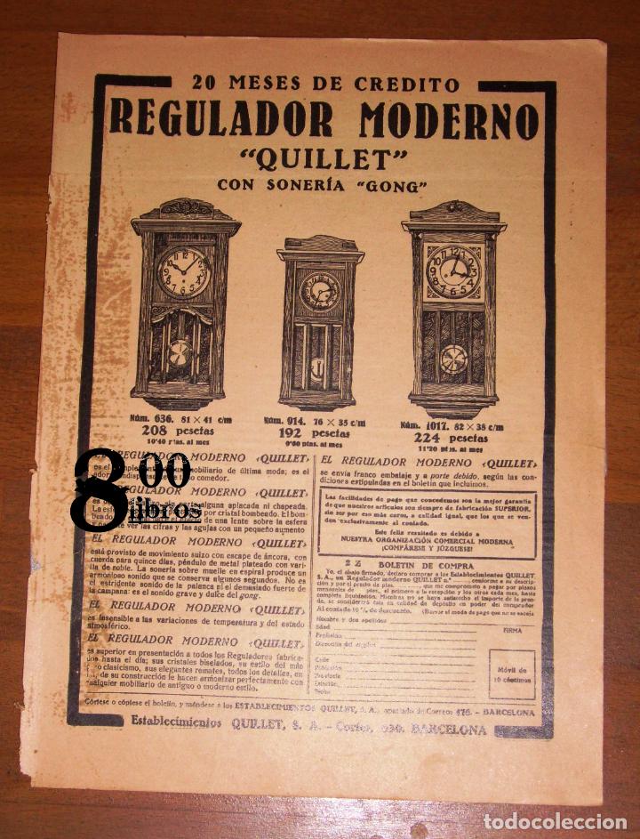 Cat&aacute;logos publicitarios: ANUNCIO - HOJA - PUBLICIDAD. REGULADOR MODERNO 'QUILLET', con soner&iacute;a 'Gong'. - 1923