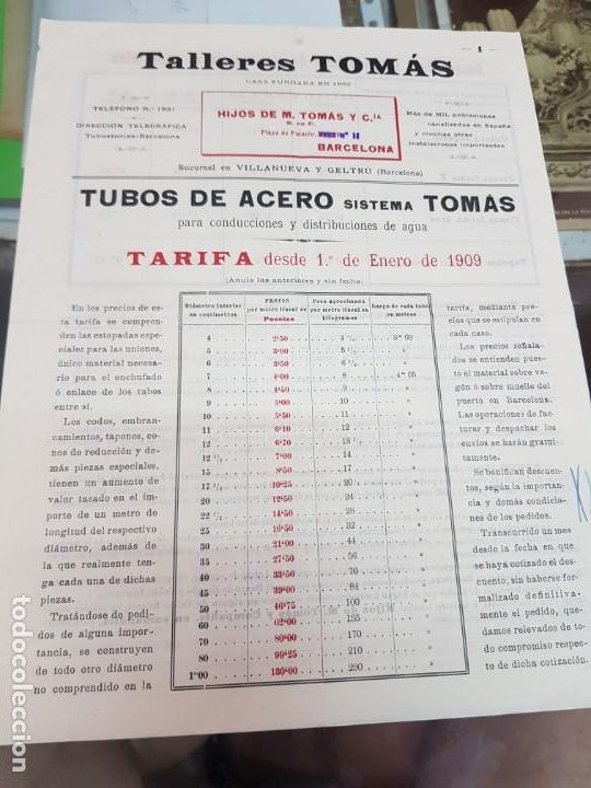 Werbekataloge: ANTIGUA TARIFA DE PRECIOS CATALOGO TALLERES TOMAS TUBOS DE ACERO BARCELONA