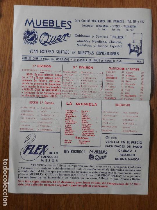 Cat&aacute;logos publicitarios: ANTIGUO BOLETIN PUBLICITARIO.MUEBLES QUER. VILAFRANCA DEL PANADES. 1964. QUINIELA FUTBOL.