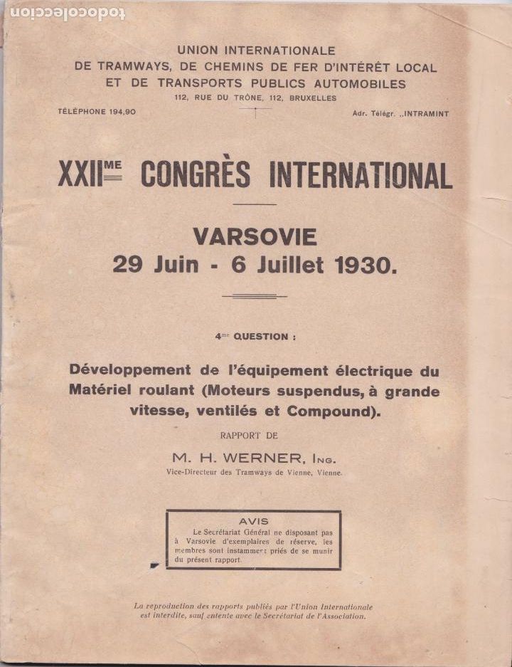 Advertising Catalogs: XXIIme. CONGR&Egrave;S INTERNATIONAL &ndash; VARSOVIA 1930 &ndash; UNION INTERNATIONALE DE TRAMWAYS