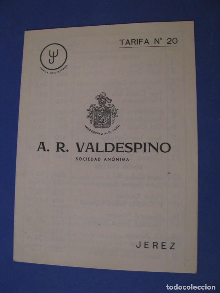 Cat&aacute;logos publicitarios: SUPLEMENTO DE TARIFA DE PRECIOS DE A. R. VALDESPINO. JEREZ. N&ordm; 20.