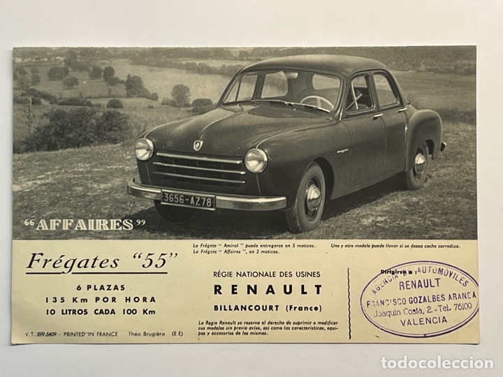 Cat&aacute;logos publicitarios: AUTOM&Oacute;VIL RENAULT FREGATES 55. Diptico publicidad. Delegaci&oacute;n Valencia (h.1950?)