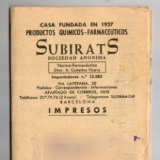 Catálogos publicitarios: SUBIRATS - PRODUCTOS QUÍMICOS Y FARMACÉUTICOS - CATALOGO Y LISTA DE PRECIOS - 1966. Lote 301740498