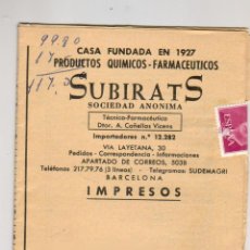 Catálogos publicitarios: SUBIRATS - PRODUCTOS QUÍMICOS Y FARMACÉUTICOS - CATALOGO Y LISTA DE PRECIOS - 1966. Lote 301740913