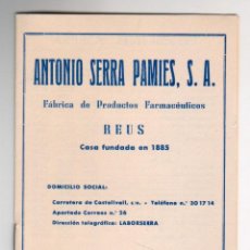 Catálogos publicitarios: CATALOGO PRODUCTOS FARMACÉUTICOS - AÑO 1966 - ANTONIO SERRA PAMIES (REUS) - 12 PAG.. Lote 301741963
