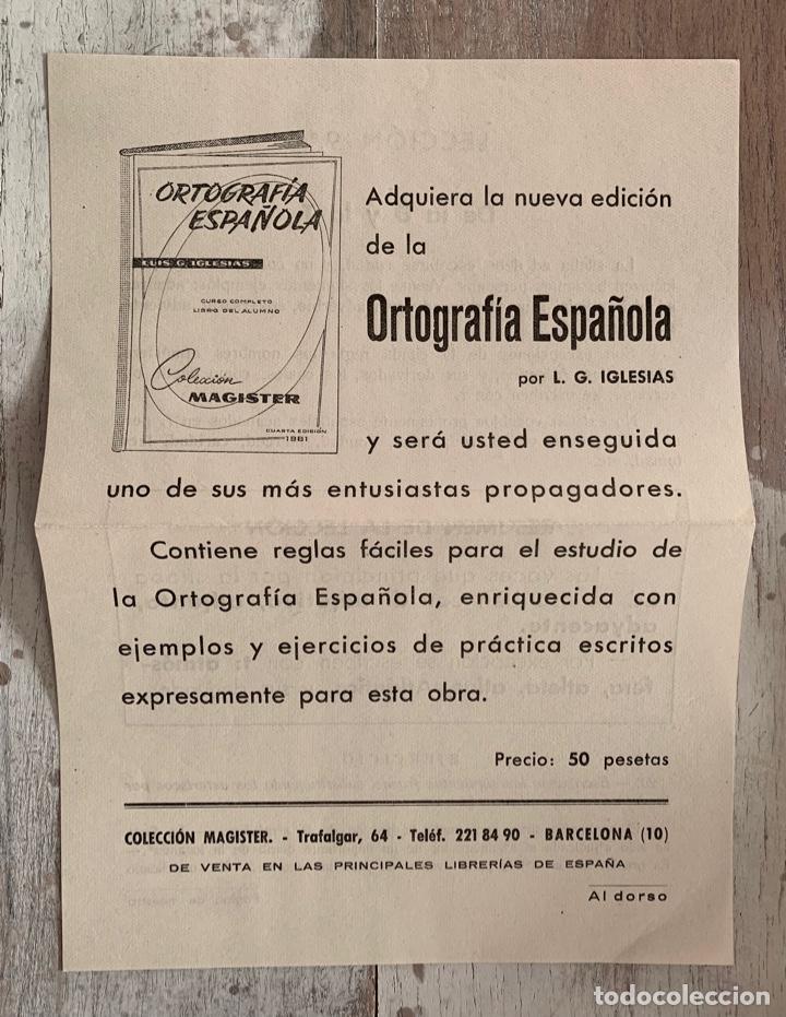 Werbekataloge: Hoja publicidad libro Ortograf&iacute;a Espa&ntilde;ola, L. G. Iglesias, Magister a&ntilde;o 1961, lecci&oacute;n en reverso.