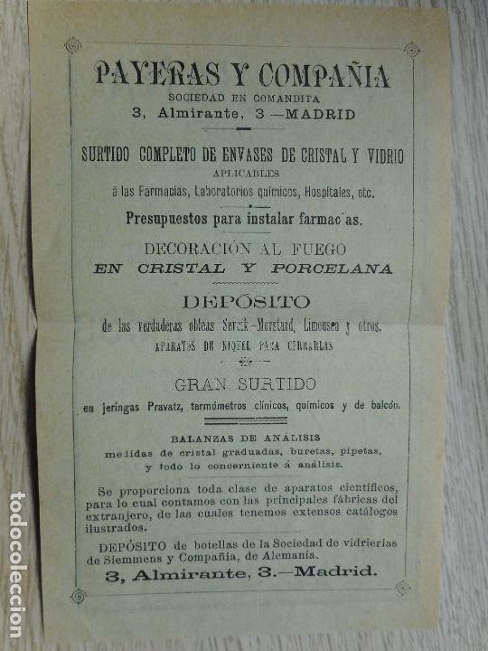 Cataloghi pubblicitari: ANTIGUA PUBLICIDAD.PAYERAS Y COMPA&Ntilde;IA.ENVASES CRISTAL VIDRIO.PORCELANA.BALANZAS.MADRID FINALES XIX