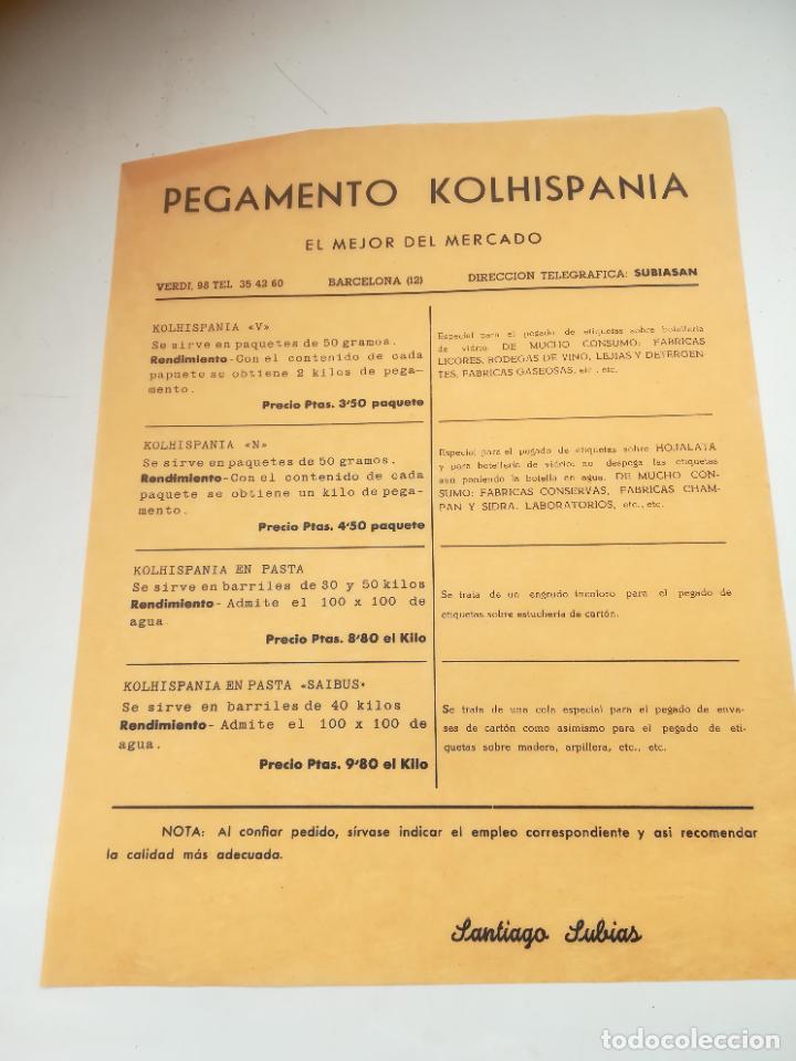 Catalogues publicitaires: HOJA PUBLICITARIA. PEGAMENTO KOLHISPANIA. SANTIAGO SUBIAS. BARCELONA. CON PRECIOS. VER