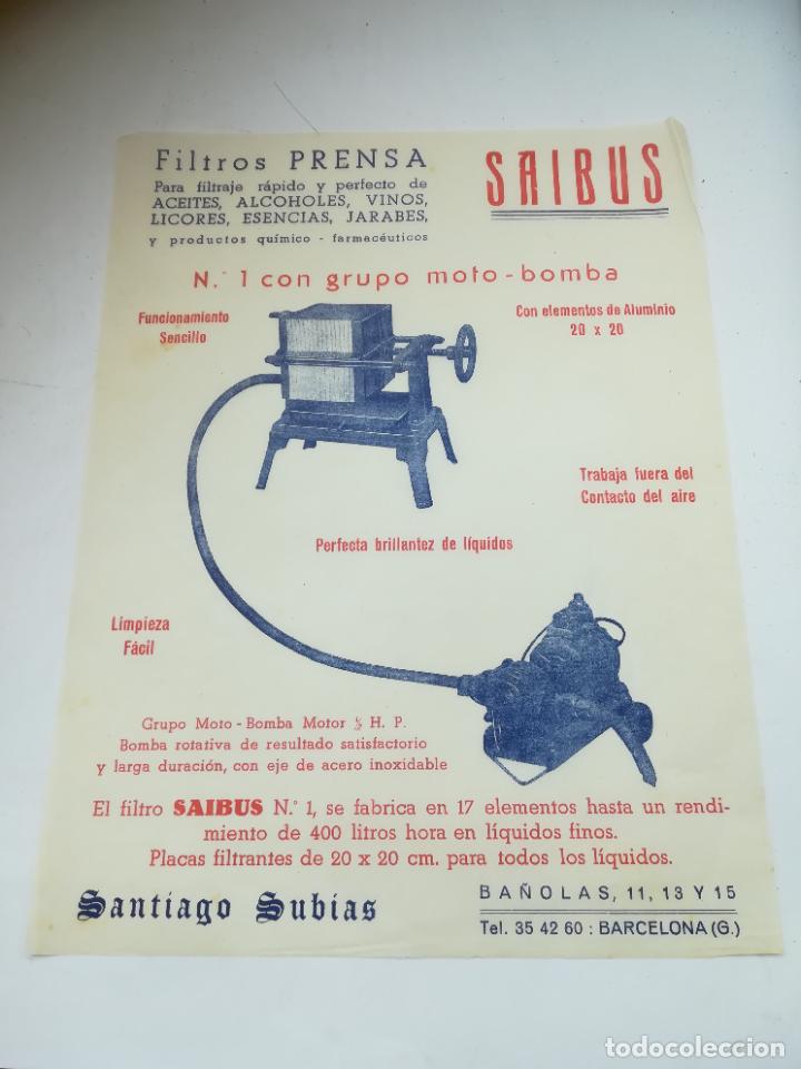 Catalogues publicitaires: HOJA PUBLICITARIA. FILTROS PRENSA SAIBUS. SANTIAGO SUBIAS. BARCELONA. CON PRECIOS. VER