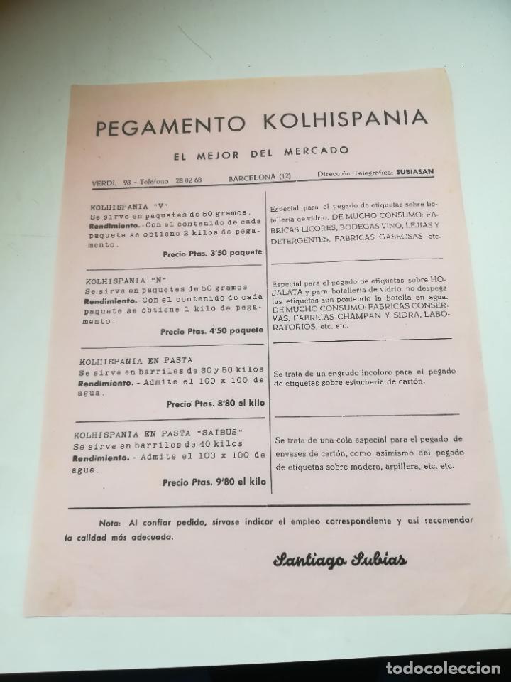 Catalogues publicitaires: HOJA PUBLICITARIA. PEGAMENTO KOLHISPANIA. SANTIAGO SUBIAS. BARCELONA. CON PRECIOS. VER