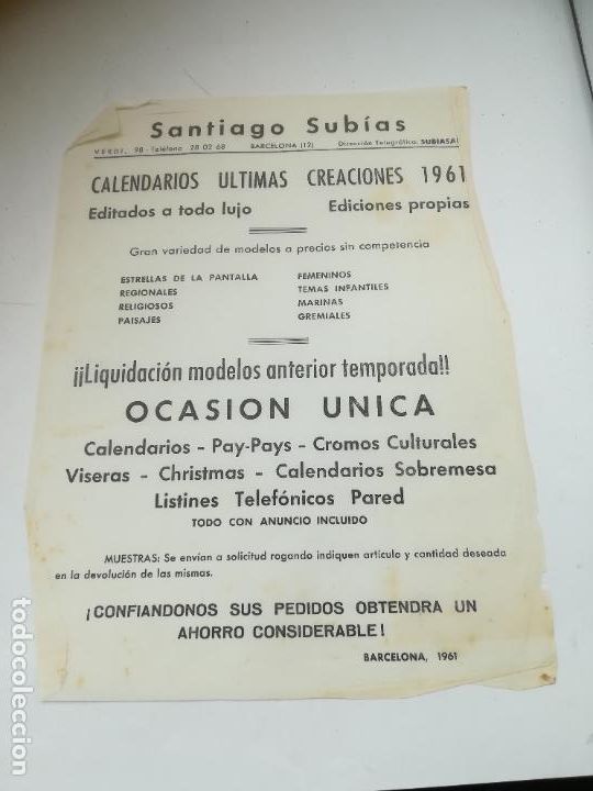 Catalogues publicitaires: HOJA PUBLICITARIA. CALENDARIOS 1961 ULTIMOS MODELOS. SANTIAGO SUBIAS. BARCELONA. CON PRECIOS. VER