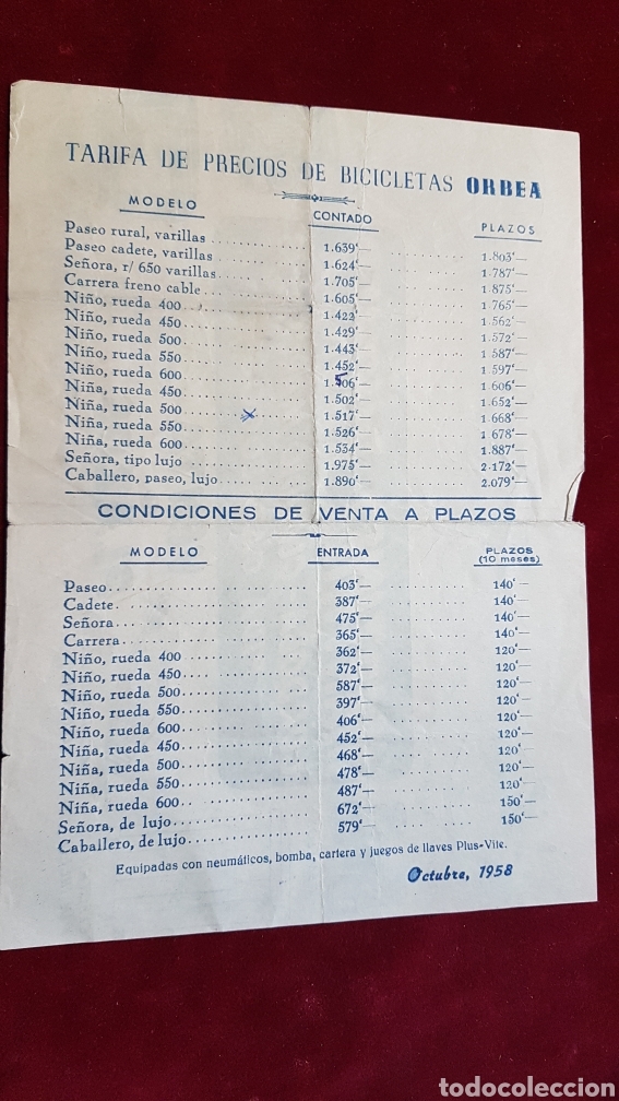 Cat&aacute;logos publicitarios: Tarifa precios bicicleta Orbea 1958