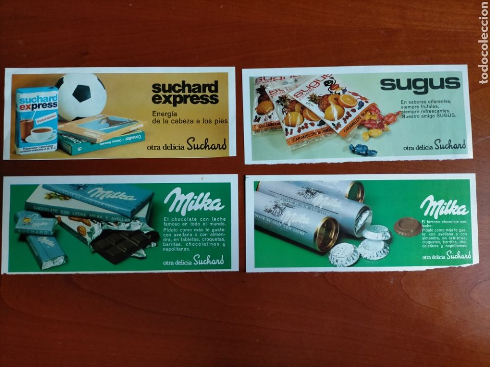 Cat&aacute;logos publicitarios: Recortes publicitarios CHOCOLATES SUCHARD 1974. Milka. Sugus. Recortes de cromos del Athletic