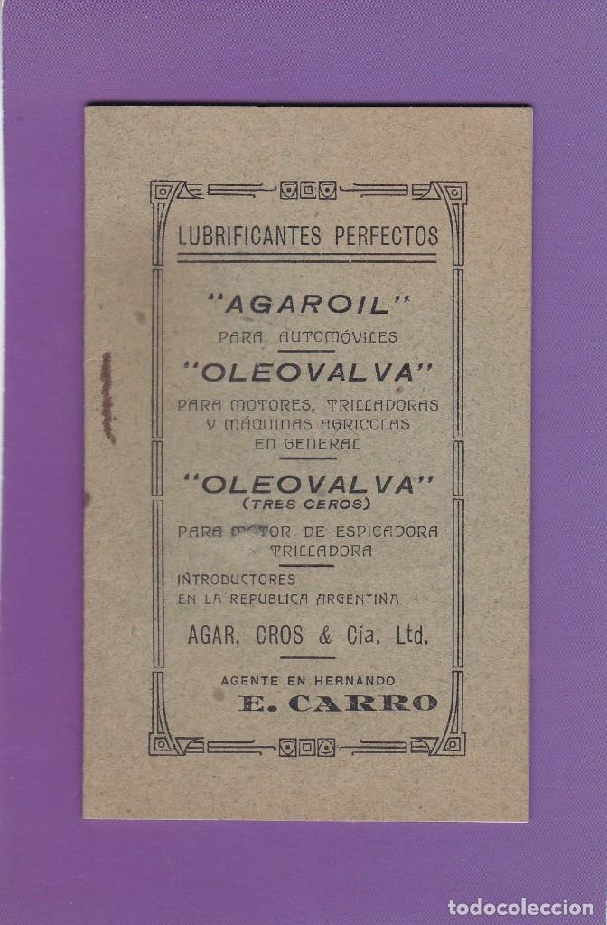 Werbekataloge: LUBRIFICANTES PERFECTOS. AGAROIL Y OLEOVALVA. AGENTE E. CARRO. (HERNANDO, AGOSTO 1926. ARGENTINA)