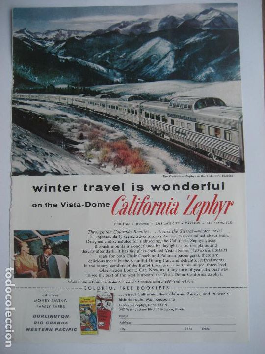 Cat&aacute;logos publicitarios: Ferrocarriles. Trenes. California Zephyr. Anuncio de revista americana. 25 x 17 cm. 1958