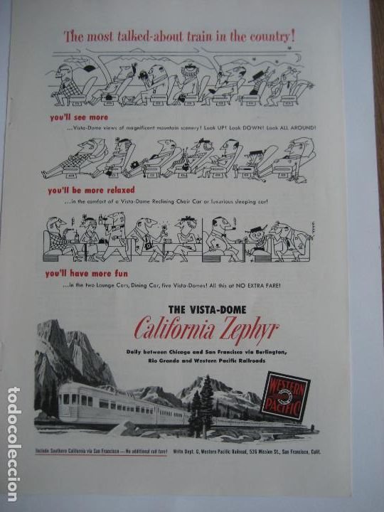 Cat&aacute;logos publicitarios: Ferrocarriles. Trenes. California Zephyr. Anuncio de revista americana. 25 x 17 cm. 1952