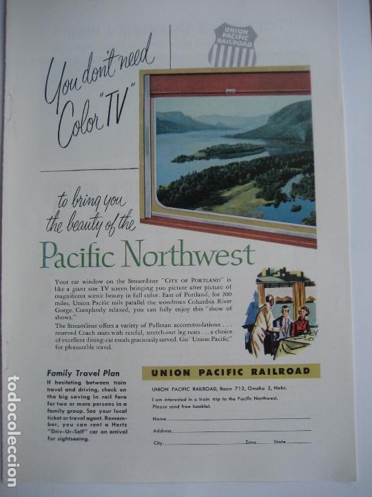 Cat&aacute;logos publicitarios: Ferrocarriles. Trenes. Union Pacific Railroad. Anuncio de revista americana. 25 x 17 cm. 1954