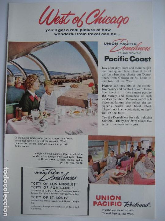 Cat&aacute;logos publicitarios: Ferrocarriles. Trenes. Union Pacific Railroad. Anuncio de revista americana. 25 x 17 cm. 1959