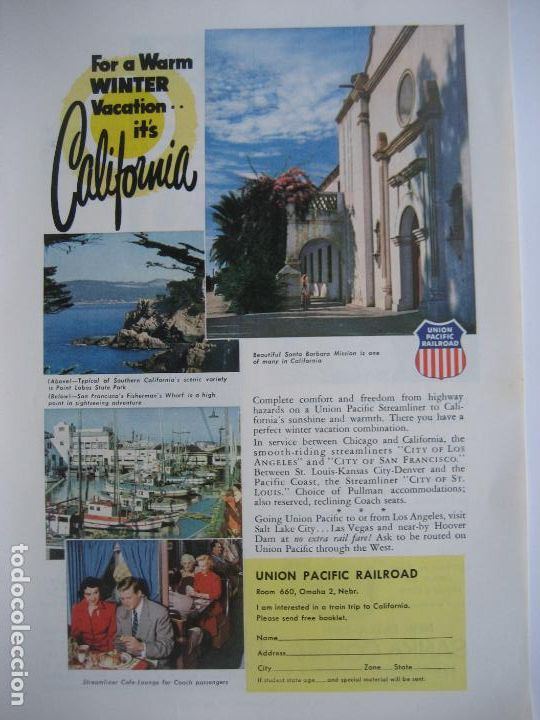Cat&aacute;logos publicitarios: Ferrocarriles. Trenes. Union Pacific Railroad. Anuncio de revista americana. 25 x 17 cm. 1953