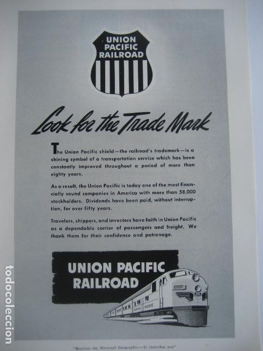 Cat&aacute;logos publicitarios: Ferrocarriles. Trenes. Union Pacific Railroad. Anuncio de revista americana. 25 x 17 cm. 1950