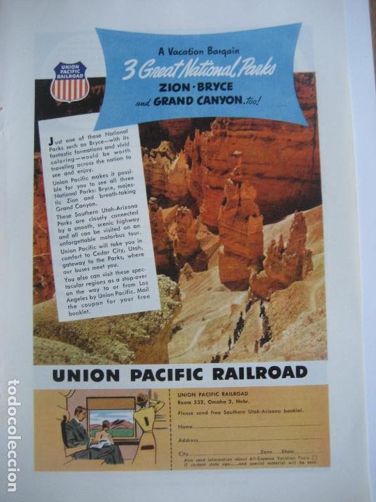 Cat&aacute;logos publicitarios: Ferrocarriles. Trenes. Union Pacific Railroad. Anuncio de revista americana. 25 x 17 cm. 1952