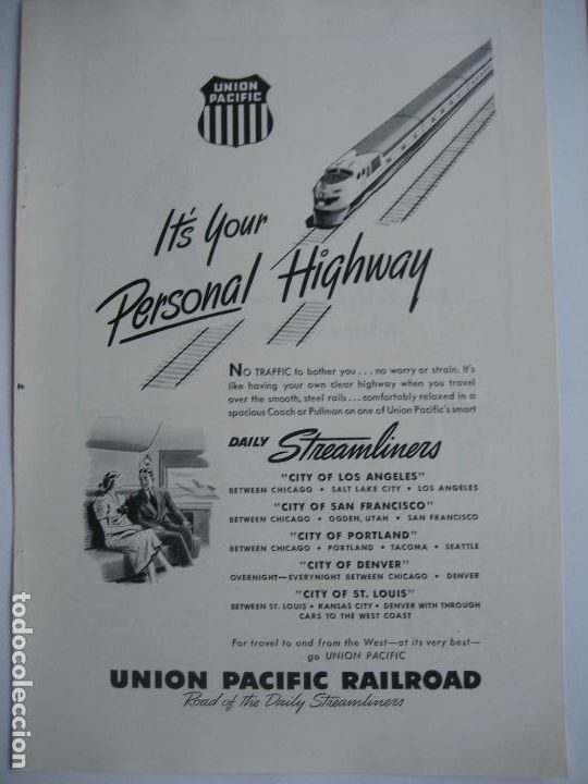 Cat&aacute;logos publicitarios: Ferrocarriles. Trenes. Union Pacific Railroad. Anuncio de revista americana. 25 x 17 cm. 1948