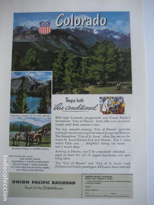 Cat&aacute;logos publicitarios: Ferrocarriles. Trenes. Union Pacific Railroad. Anuncio de revista americana. 25 x 17 cm. 1949