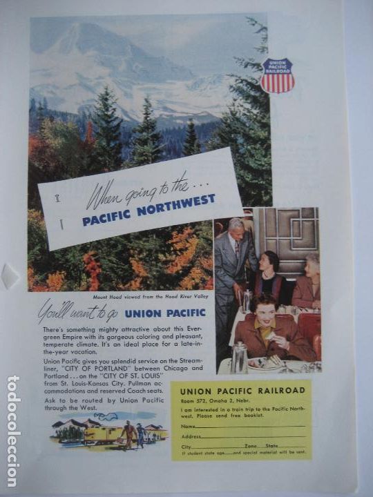 Cat&aacute;logos publicitarios: Ferrocarriles. Trenes. Union Pacific Railroad. Anuncio de revista americana. 25 x 17 cm. 1952