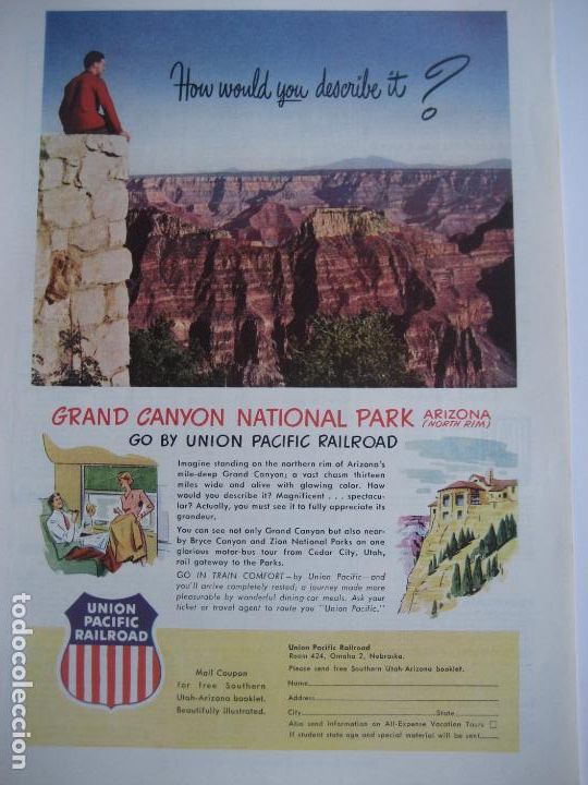 Cataloghi pubblicitari: Ferrocarriles. Trenes. Union Pacific Railroad. Anuncio de revista americana. 25 x 17 cm. 1951