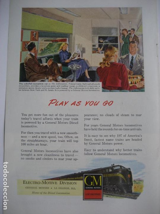 Cataloghi pubblicitari: Ferrocarriles. Trenes. General Motors Locomotives. Anuncio de revista americana. 25 x17. 1949